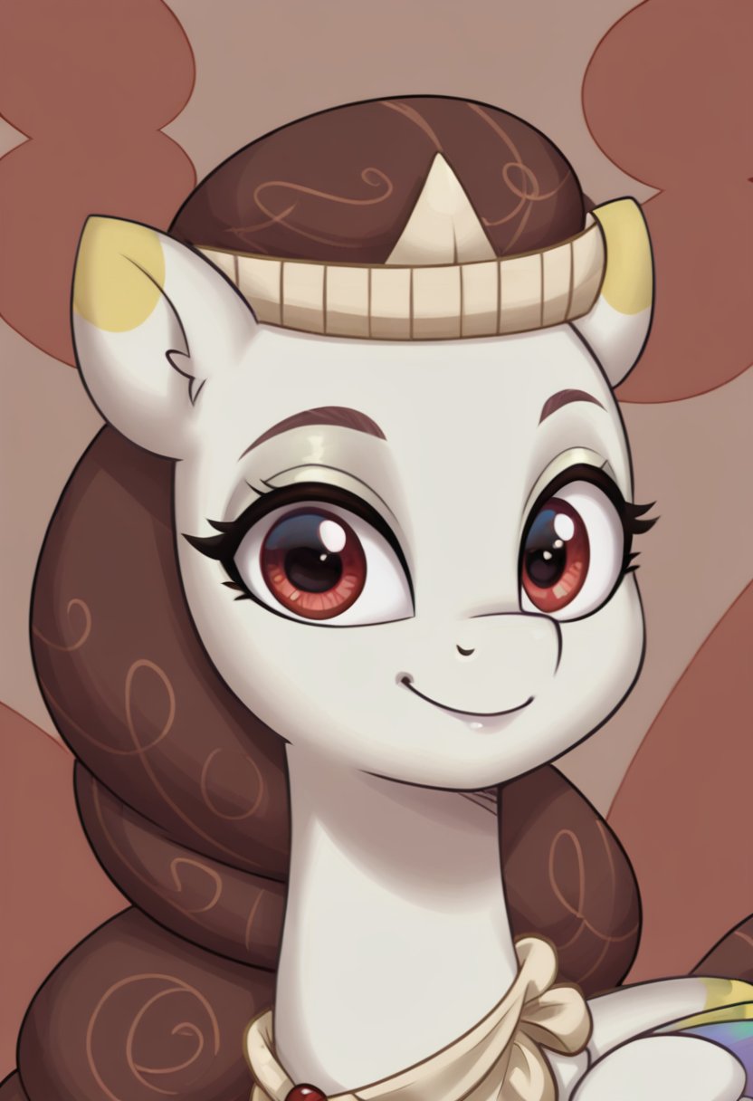score_9, score_8_up, score_7_up, score_6_up, score_5_up, score_4_up, my little pony, ((feral pony)), <lora:My_Little_Pony__MLP_G5_Princess_Majestic:1>Princess_Majestic, red eyes, 1girl, ((solo)), (sexy), beautiful, detailed, (detailed cute pony face), detailed eyes, detailed fur, detailed hooves, beautiful, vector, flat colors, (beautiful long eyelashes), (beautiful hooves), (abstract background:1.8), (looking at you, looking at viewer:1.5), smile, happy, close-up, upper view <lora:OtherStyle_01:1> <lora:detailed_notrigger:1>