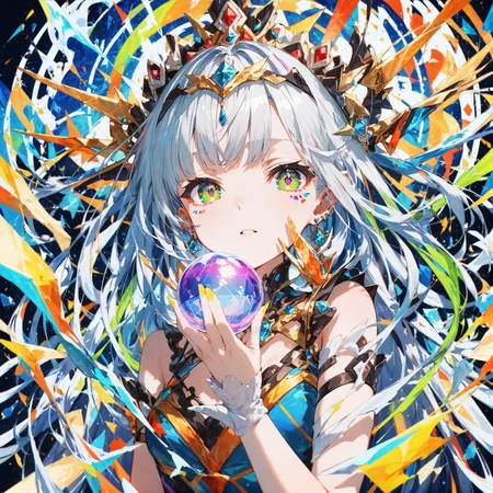 score_9_up, score_8_up, score_7_up,score_6_up,((Masterpiece:1.3)), (best quality:1.2),abstract, 1girl, solo, long silver hair, looking at viewer, geometric headpiece, piercing green eyes, holding a crystal orb, hair flowing in angular patterns, bare shoulders, upper body, background with bold geometric shapes, sharp lines, vibrant colors, modern and abstract design, dynamic angles, futuristic attire, symmetrical patterns, intense focus,((eye detail)),(multi colored eyes),<lora:Abstract:0.4>,detailed fingers,4k