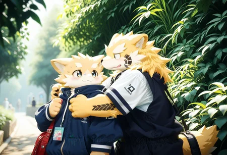 score_9, score_8_up, score_7_up, zPDXL3, ((((sdgs4by zuppu11)))), 2boys, duo, furry, cute, kemono, detailed background, park background, hugging, rating_safe