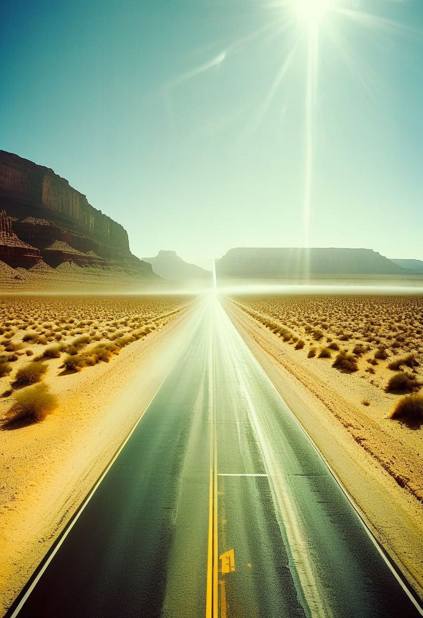 ()Hyoer Realistic:2.0)Polaroid picture of 
 image of a vast, desert interstate highway, stretching out to the horizon with multiple lanes of sleek, silver cars zipping by. The speed limit sign reads 99 MPH, and the road is flanked by towering, sandy dunes that glow golden in the sunlight.
(In the center of the view, a majestic mountain rises from the desert floor, its peak shrouded in mist. At the very top, a breathtaking waterfall cascades down the rocky face, creating a misty veil that rises into the air.:1.80) The contrast between the arid desert landscape and the lush, tropical oasis at the mountain's peak is striking.
Capture the sense of freedom and adventure that comes with driving down this futuristic highway, surrounded by the surreal beauty of the desert landscape.