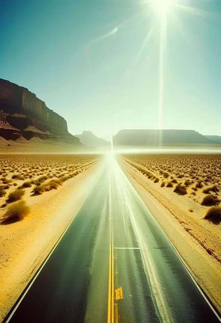 ()Hyoer Realistic:2.0)Polaroid picture of
image of a vast, desert interstate highway, stretching out to the horizon with multiple lanes of sleek, silver cars zipping by. The speed limit sign reads 99 MPH, and the road is flanked by towering, sandy dunes that glow golden in the sunlight.
(In the center of the view, a majestic mountain rises from the desert floor, its peak shrouded in mist. At the very top, a breathtaking waterfall cascades down the rocky face, creating a misty veil that rises into the air.:1.80) The contrast between the arid desert landscape and the lush, tropical oasis at the mountain's peak is striking.
Capture the sense of freedom and adventure that comes with driving down this futuristic highway, surrounded by the surreal beauty of the desert landscape.