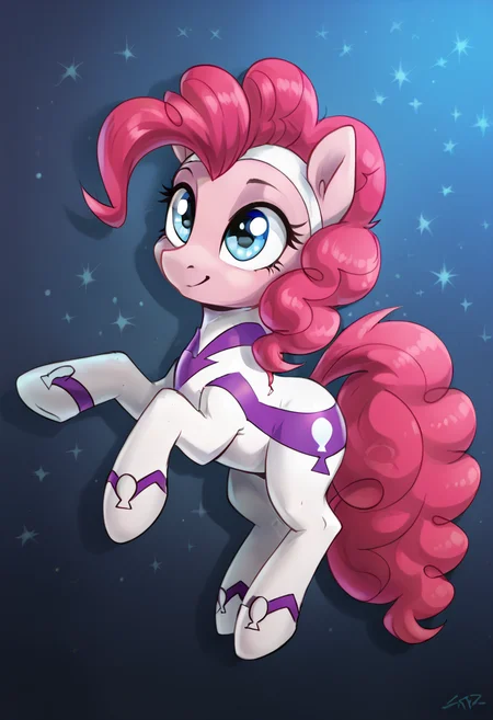score_9,score_8_up,score_7_up,score_6_up,score_5_up,score_4_up,my little pony,((feral pony)),1girl,((solo)),(sexy),beautifully detailed,(detailed face of an unhappy pony)((detailed blue starry background:1.5)),((woman)),high angle,full body,<lora:My_Little_PonyMLP_G4_Pinkie_Pie_clothes:1>,pinkie pie,pony,The suit is white with purple zigzag stripes and rounded,covering the entire body with patterns in the form of zippers,
<lora:OtherStyle_01:1>,<lora:Wholesome_MLP-v1.0:1>,