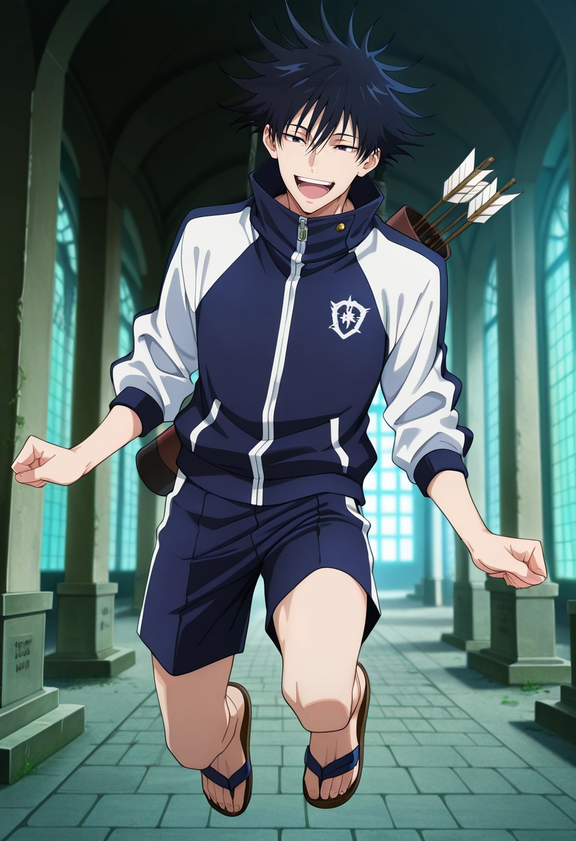 masterpiece, best quality, , anime screencap, , , , 1boy, solo, male focus, <lora:megumi_fushiguro_ilxl:0.92>, megumi_fushiguro, black hair, black eyes, spiked hair, short hair, bangs, hair between eyes, jacket, high collar, asymmetrical, cemetery, indoors, jumping, laughing, Shorts, Varsity jacket, Sandals, , Quiver (for arrows)