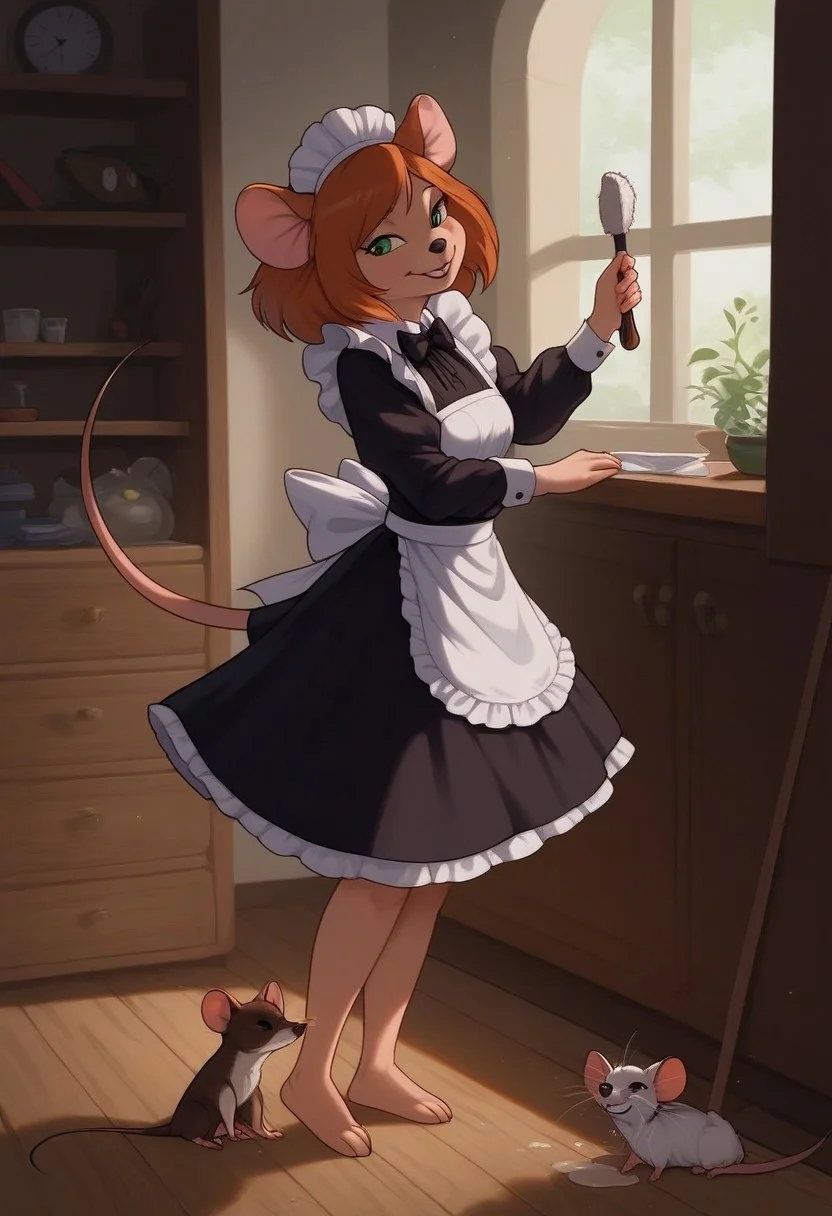 score_9, score_8_up, score_7_up, score_6_up, score_5_up, score_4_up, detaied background, indoors, (rich appartments:1,4),
Mouse girl, feral Mouse, feral, mouse ears, Mouse nose, Mouse tail, one tail, feral Mouse feet, feral Mouse legs, Desiree, wearing black Maid outfit, solo, standing, smile, Black nose, cleaning the room