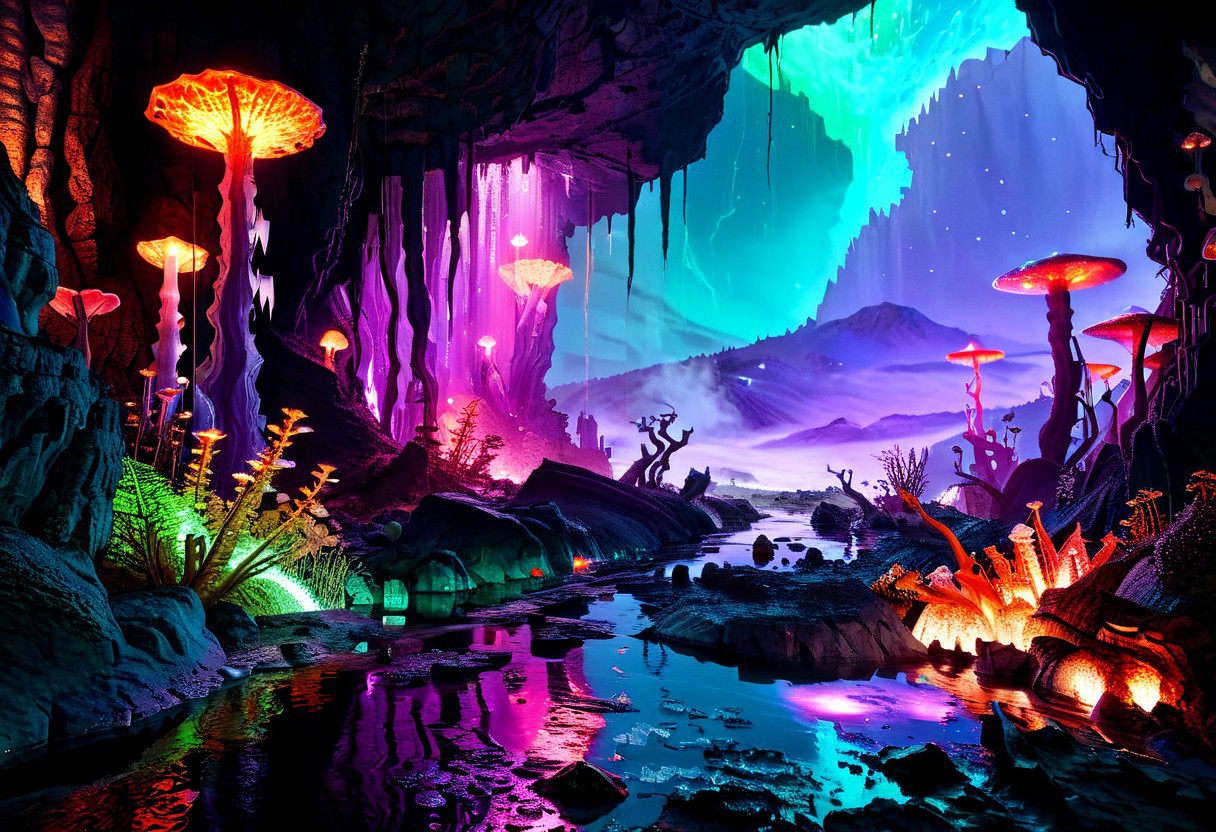 Embedding:ziprealism, in the style of neil-krug, photo,realistic,raw,
style of DnD_Grainyboyz, grainy, Hyper-realistic alien landscape, hyper-detailed, absurdres, richest details, eerie vibes, featuring vibrant, surreal colors and bizarre, otherworldly flora and creatures. Starry sky, cold blue sky, glen with towering mountains of glowing crystals with bioluminescent veins, winding rivers of iridescent liquid, and intricate bas-reliefs carved into ancient rock formations. a photo of the scene is alive with thick dense forest of gigant glowing mushrooms, exotic plants and creatures, their textures and details rendered in ultra-high definition. In the distance, a small, hyper-detailed buildings blends seamlessly into the environment, its design organic and mysterious. The atmosphere is thick with an ethereal glow, casting dramatic shadows and highlights across the terrain. Inspired by the vibrant, surreal tones of alien ecosystems and the intricate detail of hyper-realistic art, the piece combines sci-fi elements with natural beauty. High-contrast lighting, vibrant neon accents, and a rich color palette enhance the visual impact. Theme: an untouched, alien world teeming with life and mystery.