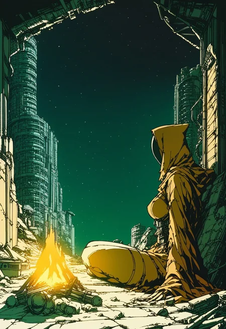 score_9, score_8_up, score_7_up,
aesthetic, 2d,
solo, close-up, sideview, woman, breasts, hood,
1girl, campsite, campfire, night,
dramatic lighting, ornate,
Post apocalyptic, ruins, ruined city