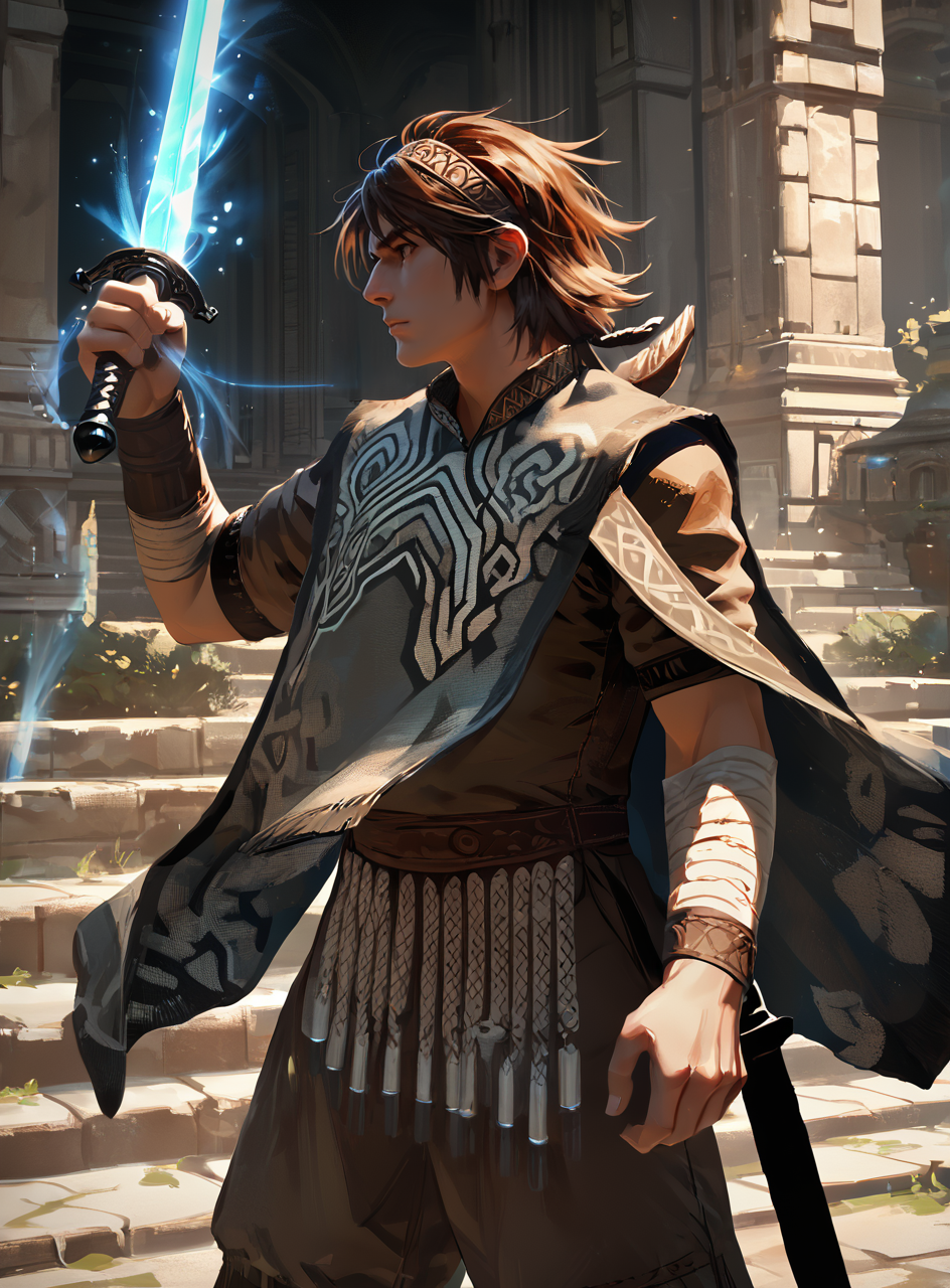 score_9, score_8_up, score_7_up, <lora:wanderpxl:0.7>, lora:wanderpxl, 1boy, best quality, masterpiece, stanwan, magic sword, headband, poncho, standing,