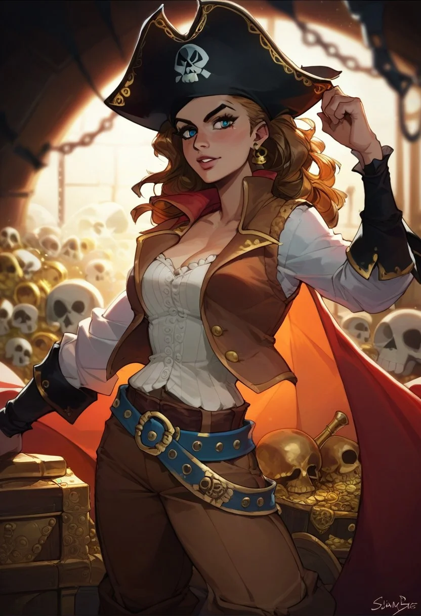 score_9, score_8_up, score_8_up, sexy woman, pirate, pirate hat, vest on bare body, brown pants, thick belt, skull island, sunny day, gold, treasure, highly detailed, dynamic lighting, depth of field, absurdres, best quality,