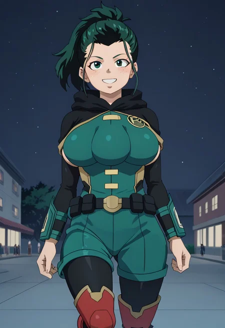 score_9,score_8_up,score_7_up,score_6_upanime BREAK (masterpiece, highest quality, 4k:1.2) , 1 girl, Izuku Midoriya, green hair, ponytail, green eyes, freckles, large breasts, three breasts, anime coloring page, mha, robin dc outfit, red boots, blue outfit, smile, background on the terrace at night.