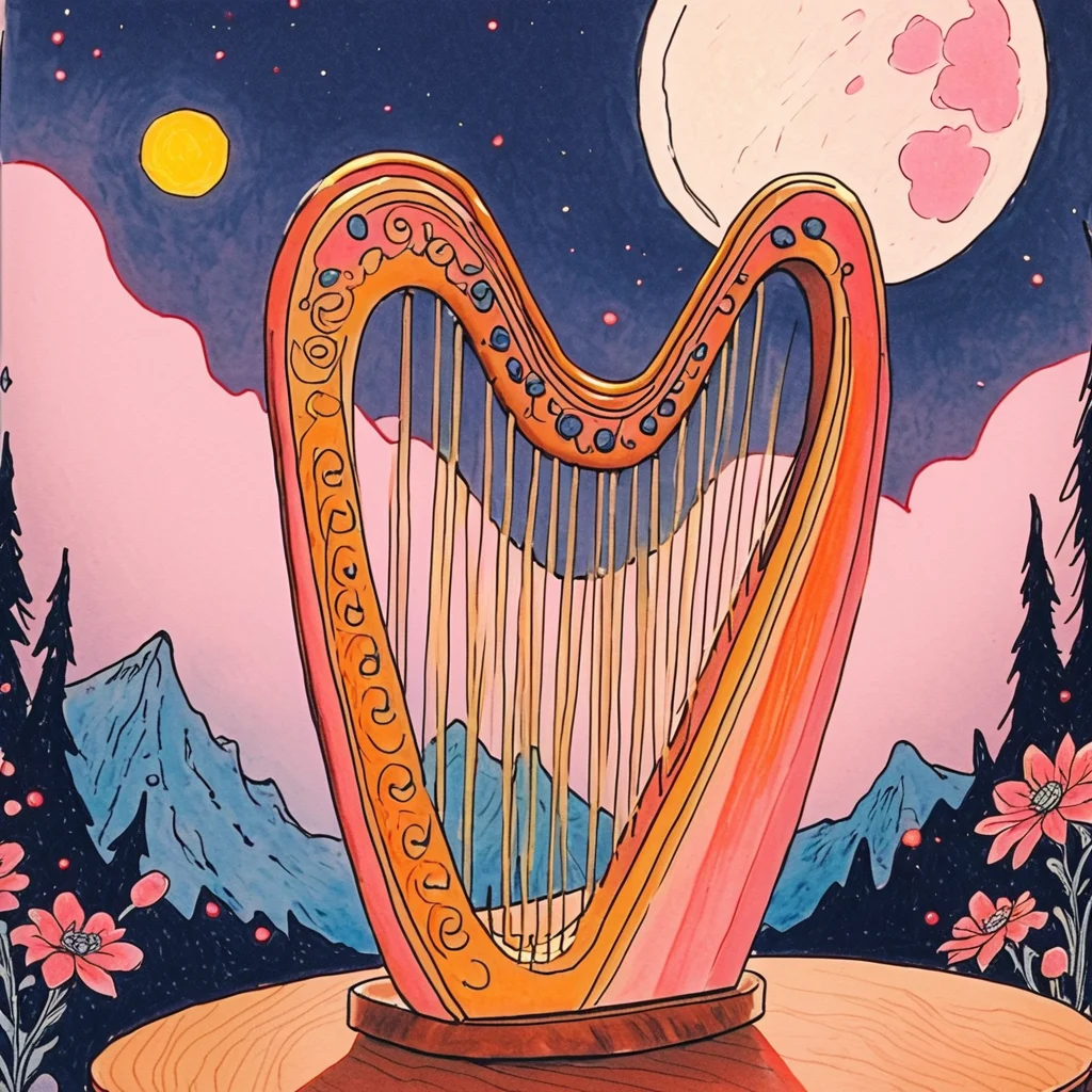 Score_9, score_8_up, score_7_up, score_6_up, BREAK <lora:Pastel_ReveriePony:1> ArsMJStyle, Pastel Reverie, The image shows a drawing of a harp on a table with mountains in the background and a moon in the sky., moon, instrument, no humans, traditional media, flower, tree, full moon, mountain