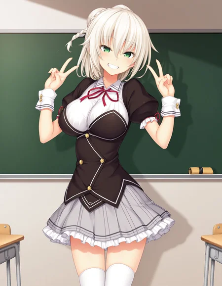 masterpiece, best quality, amazing quality, ultra detailed, <lora:add-detail-xl:1>, good anatomy, good hand, high saturation
BREAK <lora:Yuri_Shachi_Nora_to_Oujo_to_Noraneko_Heart_HARUKAZE-illustrious:0.9> Yuuri Shachi, platinum hair, green eyes, large breasts, short hair, single hair bun
BREAK outfit01, black sleeve, puffy sleeves, short sleeve, sleeve tie, wrist cuffs, 2 buttons on cuff, bustier, black bustier, white line trimmed bustier, 4 buttons, shirt, white shirt, collared shirt, loop tie, red loop tie, skirt, gray skirt, pleated skirt, white frill trimmed skirt, thighhighs, white thighhighs, zettai ryouiki,
BREAK 1girl, standing, hands up, double v, smile, opened mouth, teeth, in school, classroom,