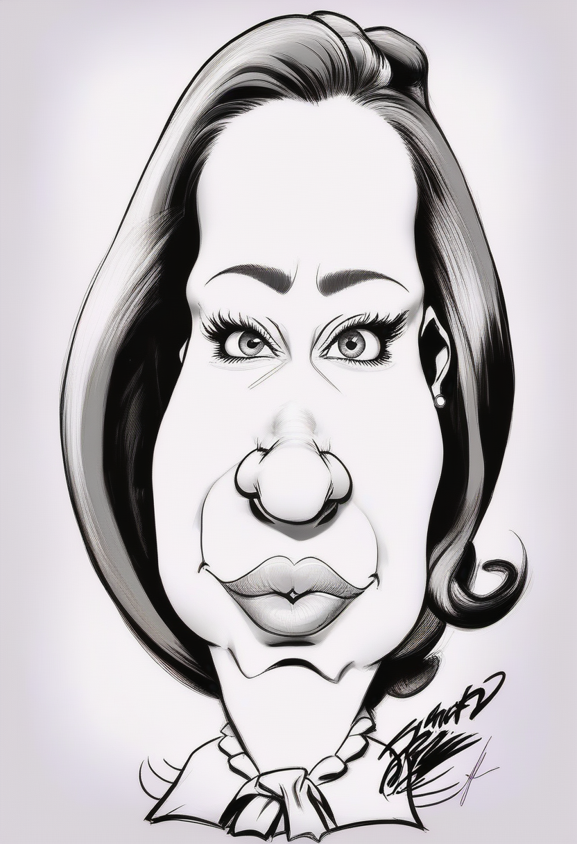 Caricature style drawing,<lora:CaricaturesTDXLv1a:1>,1girl,solo,portrait,simple background,looking at viewer,realistic,shirt,monochrome,greyscale,white background,sketch,upper body,signature,nose,collared shirt,traditional media,jacket,white shirt,thick eyebrows,formal,parody,