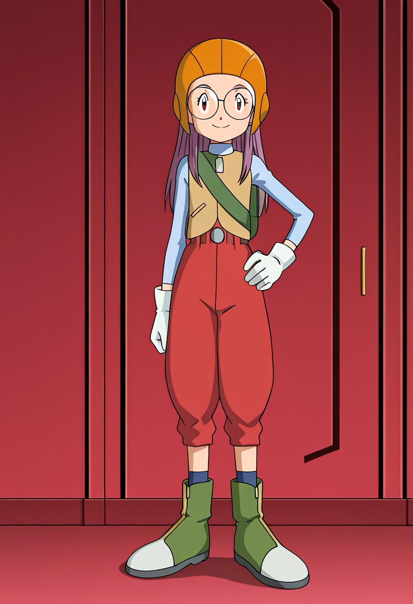 anime screencap, anime art style, digimon adventure 02, yolei inoue, baggy pants, orange aviator helmet, round glasses, blue long-sleeve shirt, brown vest, white gloves, red high-waisted pants, green knee-high boots, 1girl, solo, gloves, glasses, helmet, boots, purple hair, smile, long hair, pants, vest, white gloves, standing, bag, hand on hip, 1 character