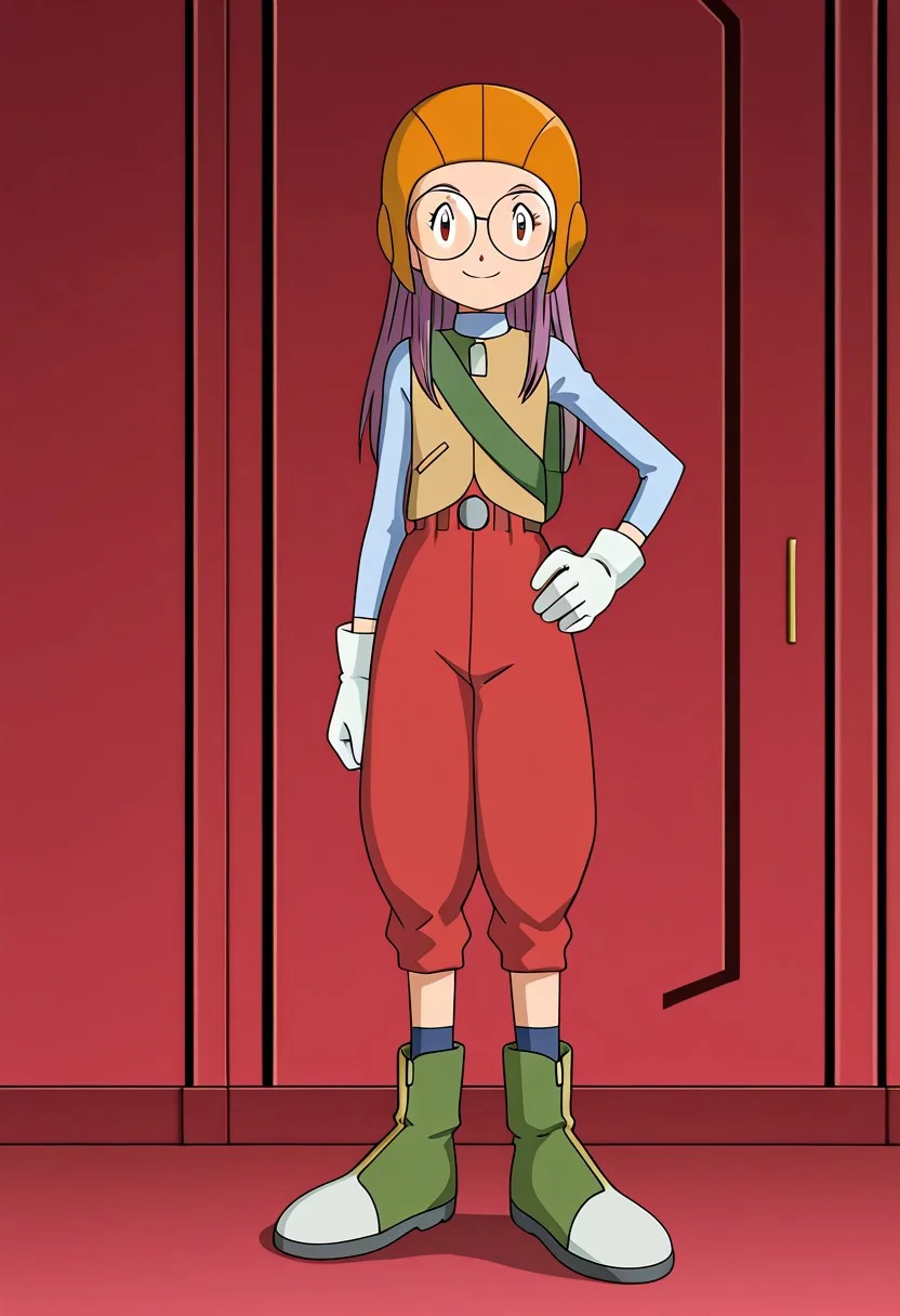 anime screencap, anime art style, digimon adventure 02, yolei inoue, baggy pants, orange aviator helmet, round glasses, blue long-sleeve shirt, brown vest, white gloves, red high-waisted pants, green knee-high boots, 1girl, solo, gloves, glasses, helmet, boots, purple hair, smile, long hair, pants, vest, white gloves, standing, bag, hand on hip, 1 character