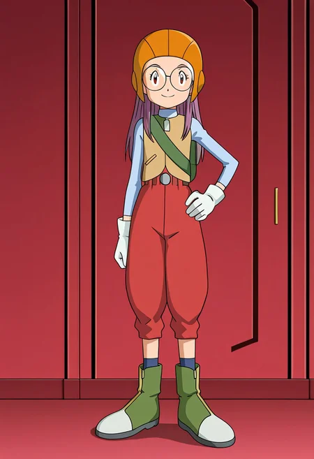 anime screencap, anime art style, digimon adventure 02, yolei inoue, baggy pants, orange aviator helmet, round glasses, blue long-sleeve shirt, brown vest, white gloves, red high-waisted pants, green knee-high boots, 1girl, solo, gloves, glasses, helmet, boots, purple hair, smile, long hair, pants, vest, white gloves, standing, bag, hand on hip, 1 character