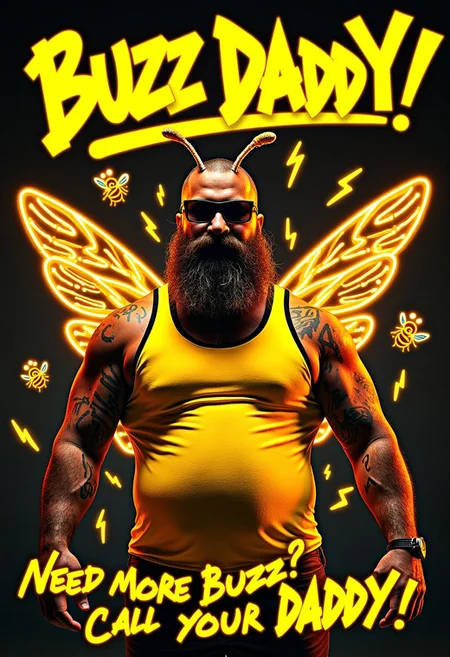 This poster is dominated by gold and black bumble bee neon light, with the background of abee hive with honey and little cartoon lightning bolts. In the center of the picture is a Fat Bearded Man wearing a skin tight yellow and black tank top with his belly hanging out and little fairy wings on his back, with fun graffiti and spray paint floating around him. The handwritten title "BUZZ DADDY!" is in neon yellow, as if outlined by laser, exuding a sense of nature and a highly energetic atmosphere. The small words "Need more Buzz? Call your DADDY!" seem to be calling the audience to the bee hive