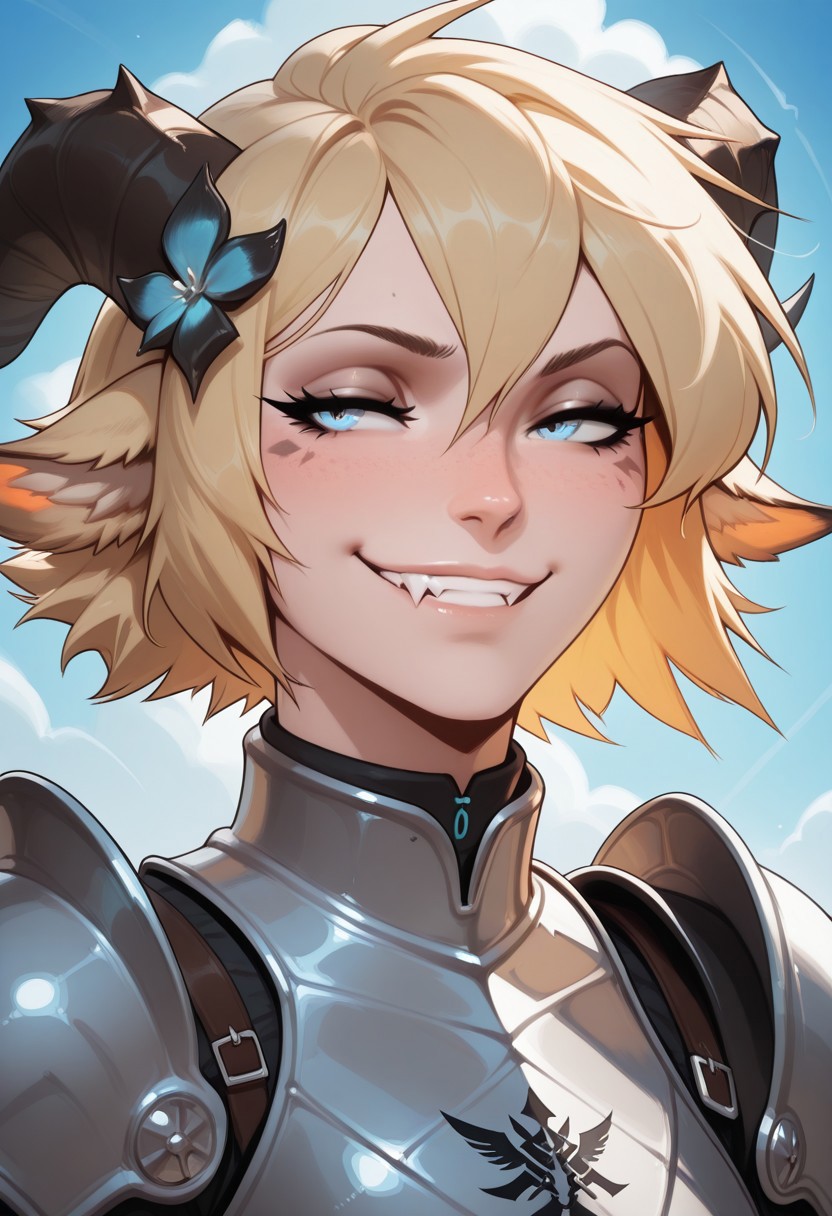 highly detailed, fine skin detail, absurdres, highly-detailed, best quality, masterpiece, very aesthetic, detailed skin, realistic fur, beautiful eyes, detailed eyes, dutch angle, by sakimichan, by arbuzbudesh, by pen_guin15, solo, 1girl, M11rLau, armor, smug, grin, fangs, close up, (Arknights) logo