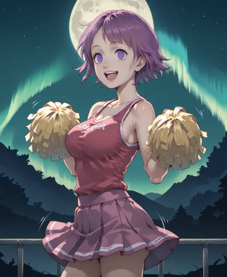 (score_9, score_8_up), score_7_up, score_6_up, best quality, standing, cowboy shot,
<lora:ebisu:1>, solo:1.3, 1girl:1.2, lovely,
3bisu, purple hair, short hair, purple eyes, ringed eyes, big breasts, bouncing breasts, happy, excited, poms,
(side view:1.3), motion lines, slim:1.2, slender, petite:1.3,
creepy fantasy underground world,
<lora:Cheer_Leader_Outfit_-_PONY:1>
Cheer Leader, Cheer Outfit, Cheer Leader Outfit, Pleated Skirt, Cheer Stance, Pom Poms,
night time, stars, full moon, aurora borealis, night,