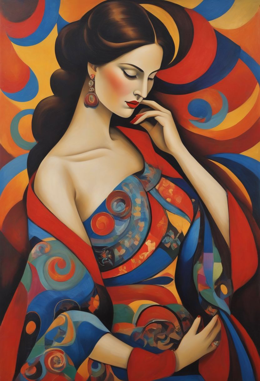 A captivating Russian avant-garde painting of a curvy Caucasian woman with a bold, curvy figure and a substantial chest. She is dressed in a fashionable long dress with a deep neckline that accentuates her beauty. The dress is adorned with vibrant colors and patterns that reflect the essence of Russian culture. Surrounding her is a swirl of vivid smoke, adding a touch of abstract artistry and mystique to the piece., painting
