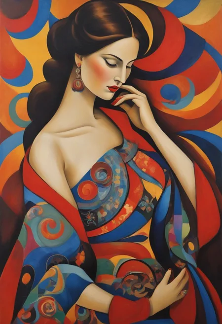 A captivating Russian avant-garde painting of a curvy Caucasian woman with a bold, curvy figure and a substantial chest. She is dressed in a fashionable long dress with a deep neckline that accentuates her beauty. The dress is adorned with vibrant colors and patterns that reflect the essence of Russian culture. Surrounding her is a swirl of vivid smoke, adding a touch of abstract artistry and mystique to the piece., painting