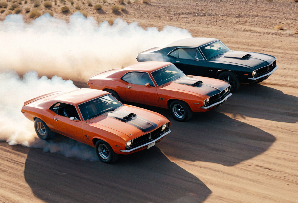 ClassicMuscleCar, ((multiple muscle cars racing)), front side view, sunny, desert, smoke trail, aerial view, motion blur, 4K, highly detailed, (stylish grainy analog 35mm film photo)