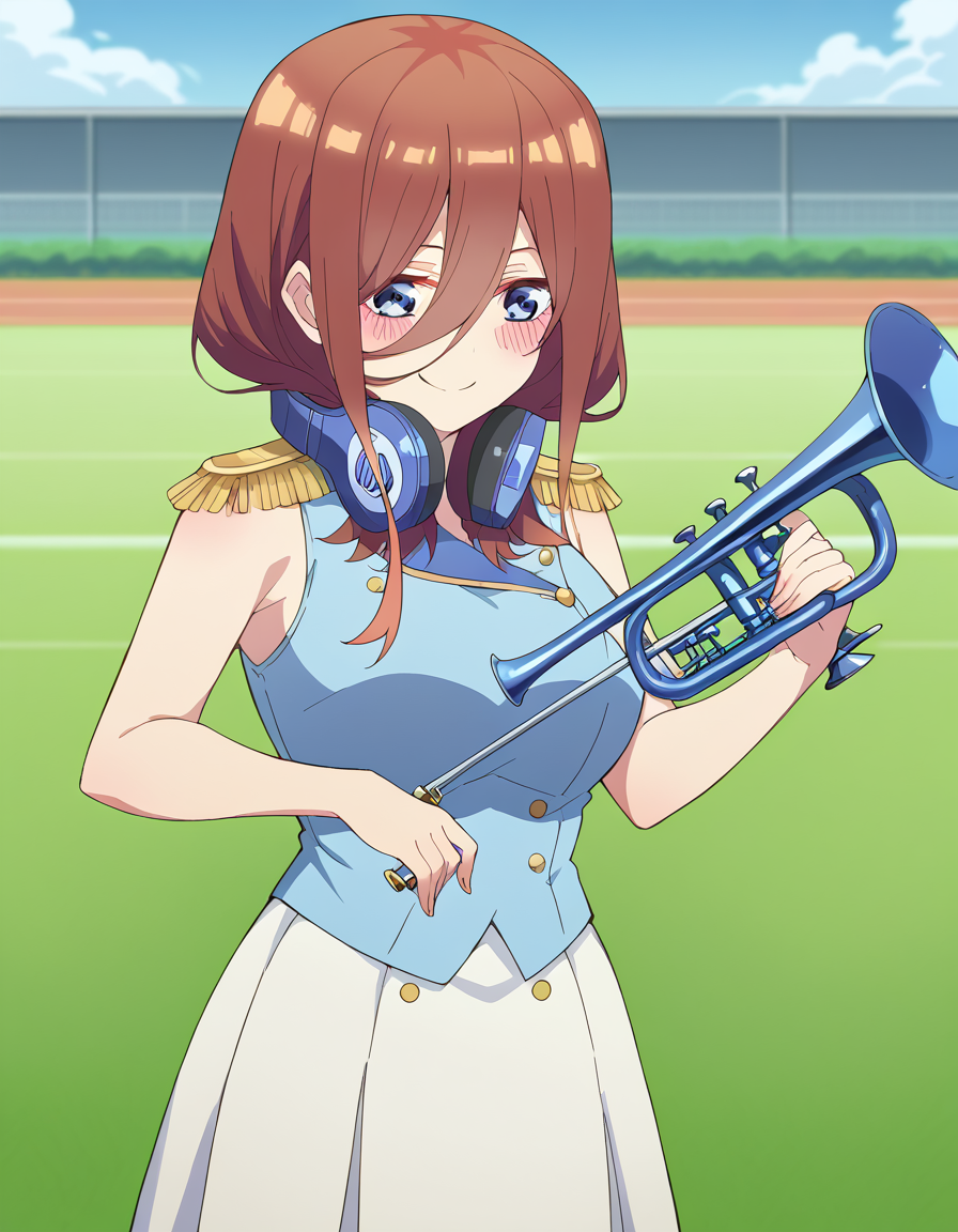 score_9, score_8_up, score_7_up, source_anime, <lora:miku-nakano-s2-ponyxl-lora-nochekaiser:1>, miku nakano, long hair, bangs, blue eyes, brown hair, hair between eyes, headphones, headphones around neck, large breasts,, <lora:band-uniform-ponyxl-lora-nochekaiser:1> band uniform, marching band, shako cap, trumpet, epaulettes, instrument, sleeveless, skirt, white skirt, miniskirt, playing instrument, track and field, blush, smile,, cowboy shot,