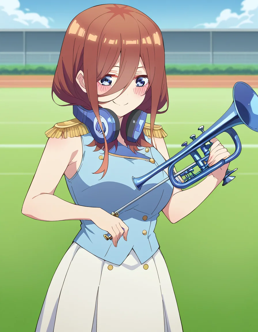 score_9, score_8_up, score_7_up, source_anime, <lora:miku-nakano-s2-ponyxl-lora-nochekaiser:1>, miku nakano, long hair, bangs, blue eyes, brown hair, hair between eyes, headphones, headphones around neck, large breasts,, <lora:band-uniform-ponyxl-lora-nochekaiser:1> band uniform, marching band, shako cap, trumpet, epaulettes, instrument, sleeveless, skirt, white skirt, miniskirt, playing instrument, track and field, blush, smile,, cowboy shot,