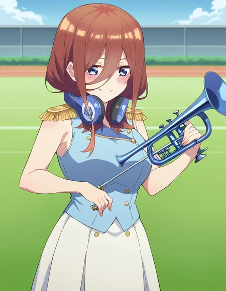 score_9, score_8_up, score_7_up, source_anime, <lora:miku-nakano-s2-ponyxl-lora-nochekaiser:1>, miku nakano, long hair, bangs, blue eyes, brown hair, hair between eyes, headphones, headphones around neck, large breasts,, <lora:band-uniform-ponyxl-lora-nochekaiser:1> band uniform, marching band, shako cap, trumpet, epaulettes, instrument, sleeveless, skirt, white skirt, miniskirt, playing instrument, track and field, blush, smile,, cowboy shot,