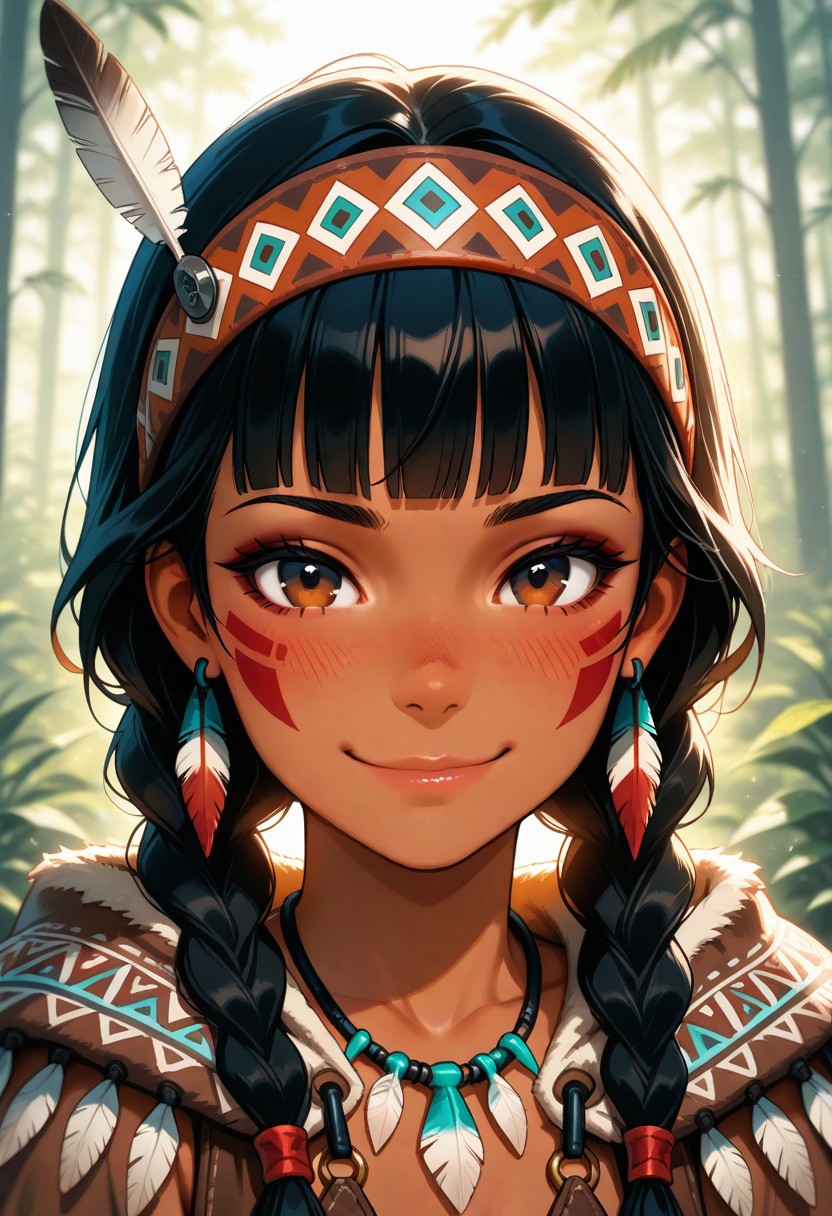 masterpiece, best quality, amazing quality, volumetric lighting, (realistic), BREAK, 1girl, 25 years old, cute, petite, 
brown eyes, dark-skinned female, dark skin, jewelry, o-ring, facial tattoo, tattoo, 
detailed face, portrait, face focus, depth of field, looking at viewer, blush, shy smile, 
black hair, long hair, blunt bangs, twin braids, 
native american headdress, headband, feathers, 
native american, necklace, tribal, cape, 
earrings, 
forest,