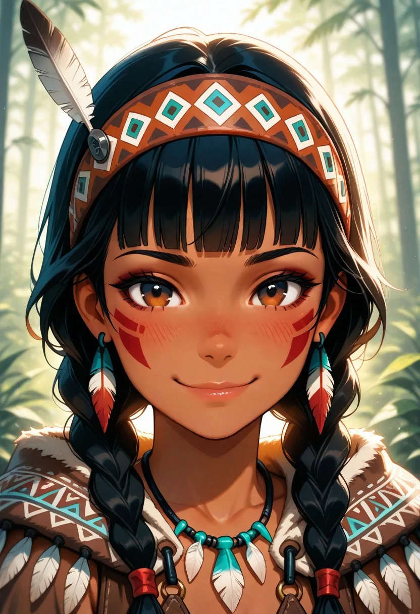 masterpiece, best quality, amazing quality, volumetric lighting, (realistic), BREAK, 1girl, 25 years old, cute, petite,
brown eyes, dark-skinned female, dark skin, jewelry, o-ring, facial tattoo, tattoo,
detailed face, portrait, face focus, depth of field, looking at viewer, blush, shy smile,
black hair, long hair, blunt bangs, twin braids,
native american headdress, headband, feathers,
native american, necklace, tribal, cape,
earrings,
forest,