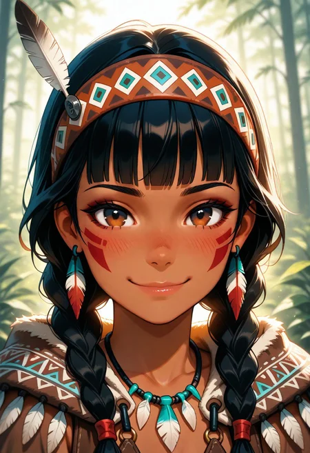 masterpiece, best quality, amazing quality, volumetric lighting, (realistic), BREAK, 1girl, 25 years old, cute, petite,
brown eyes, dark-skinned female, dark skin, jewelry, o-ring, facial tattoo, tattoo,
detailed face, portrait, face focus, depth of field, looking at viewer, blush, shy smile,
black hair, long hair, blunt bangs, twin braids,
native american headdress, headband, feathers,
native american, necklace, tribal, cape,
earrings,
forest,