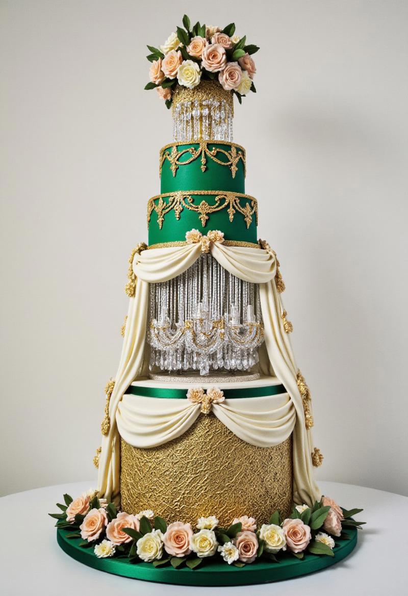 A show-stopping seven-tier cake designed to resemble a grand ballroom chandelier. Each tier is adorned with a blend of emerald green and ivory fondant, with gold piping creating delicate Rococo-inspired scrollwork. Sugar drapery cascades from tier to tier, complemented by sugar pearls and edible crystal accents. The bottom tier features a gold sugar lattice framework wrapped with peach and ivory florals, while the upper tiers are suspended above a sugar chandelier with hand-strung sugar beads. The cake is crowned with a sculptural sugar floral arrangement, creating an opulent, floating centerpiece.
