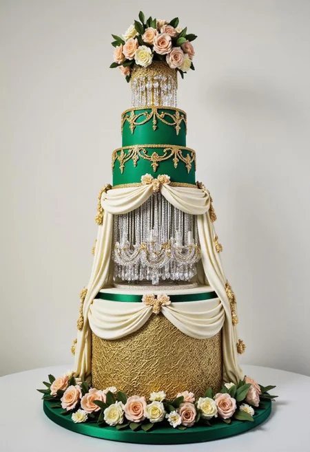 A show-stopping seven-tier cake designed to resemble a grand ballroom chandelier. Each tier is adorned with a blend of emerald green and ivory fondant, with gold piping creating delicate Rococo-inspired scrollwork. Sugar drapery cascades from tier to tier, complemented by sugar pearls and edible crystal accents. The bottom tier features a gold sugar lattice framework wrapped with peach and ivory florals, while the upper tiers are suspended above a sugar chandelier with hand-strung sugar beads. The cake is crowned with a sculptural sugar floral arrangement, creating an opulent, floating centerpiece.