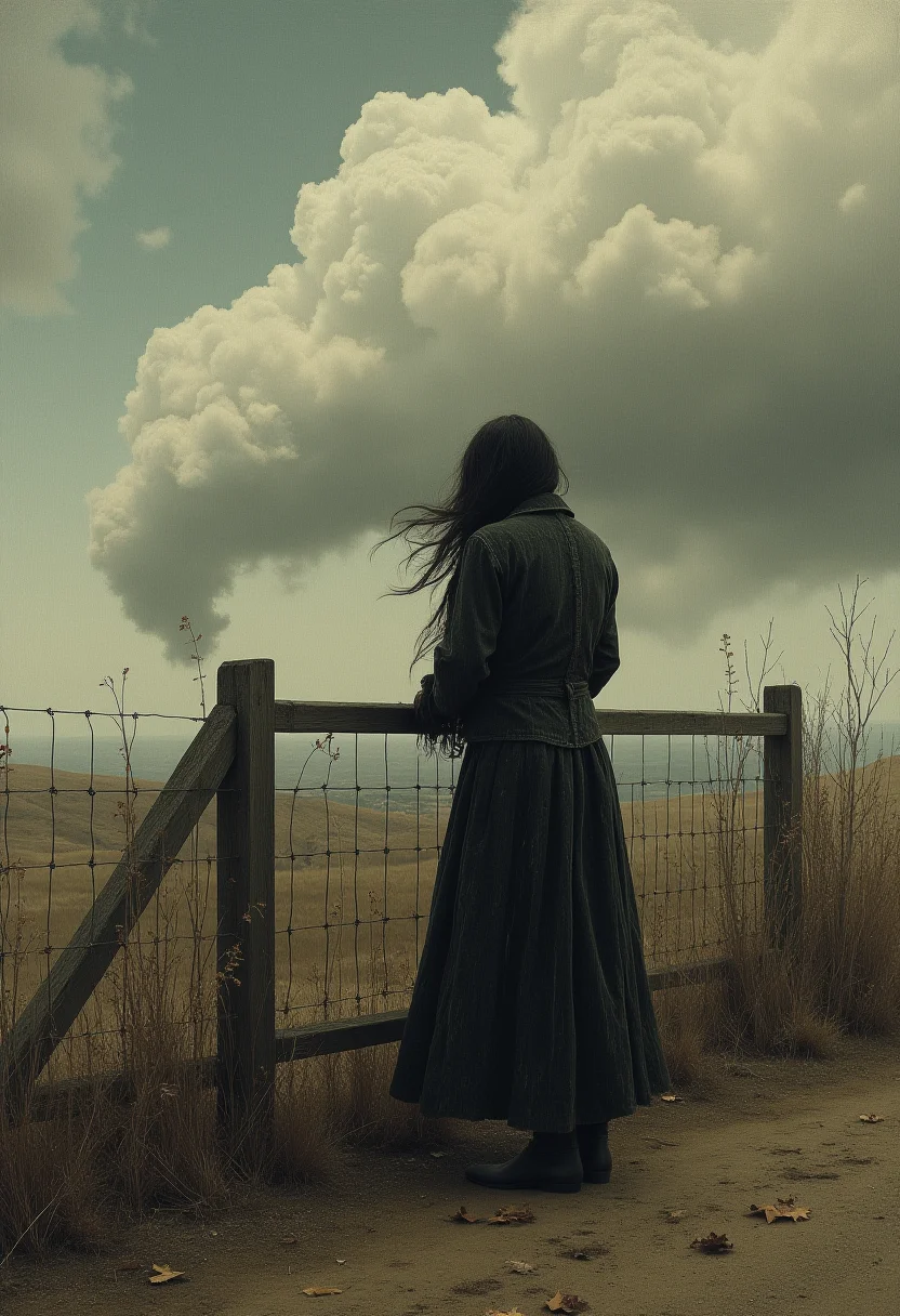 A masterpiece of sad style created by the collaboration of Edmund Dulac and Gustav Klimt. In this poignant photograph, a lone figure stands by a dilapidated fence, their back turned towards us. The figure wears a tattered coat that seems to be weighted down by heavy emotions, hinting at a long and arduous journey through sorrow. Their face is partially obscured by the shadows cast from the low hanging clouds, which stretch out like vast, melancholic tendrils across an overcast sky. A few withered leaves scatter at their feet, serving as symbols of passing time and ephemeral beauty. In the background, a desolate landscape extends to the horizon, its muted colors reflecting the somber mood. The overall scene evokes a sense of isolation and profound sadness, capturing the essence of loss and introspection. HD32K, hyperdetailed, best quality, midjourneyv6.1.