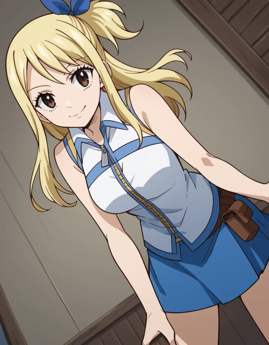 score_9, score_8_up, score_7_up, source_anime,
lucyheartfilia, <lora:lucy-heartfilia-s7-ponyxl-lora-nochekaiser:1>,
lucy heartfilia, blonde hair, brown eyes, long hair,
one side up, ribbon, hair ribbon, blue ribbon, skirt, shirt, bare shoulders, boots, sleeveless, blue skirt, sleeveless shirt, white shirt, zipper,
indoors, bent over, smile,
looking at viewer, cowboy shot, solo, dutch angle,