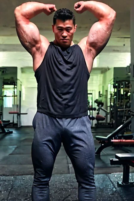 asian sexytrainer, tank top/sleeveless shirt, shorts/sweatpants/leggings, sneakers, gym, holding dumbbell/weightlifting, exercise, realistic, masterpiece, intricate details, detailed background, depth of field, photo of a handsome, dynamic pose, sweaty, sidepec, exercise, natural face expression, detailed Hunter Kang face, big nipples, big bulge, serious manly face, arms up, hairy armpits