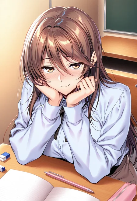 general,highres, ultra-detailed,very aesthetic,best quality ,best hands,masterpiece, best quality, newest, highres, score_9, score_8_up, score_7_up, source_anime, rating_explicit,1girl, yokota mamoru style,motion lines,Very straight nose,slim,slender face,perfect nose,torogao,seductive smile,looking at the viewer
Ichinose Honami,Brown hair, hair Parted to Side, Sidehair, Spiky Bangs, Waist Length hair,long hair,amber eyes,slim
1girl, solo, brown hair, pencil, long hair, sitting, pencil case, indoors, pen, table, desk, long sleeves, notebook, eraser,Head on the table,from above