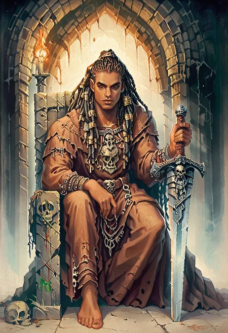 score_9, score_8_up, score_7_up, oblivionarts, solo, 1boy, warrior, ((african male)), brown eyes, muscular, long dread locks, loose dread locks, barbarian garb, sitting on throne of skulls, skull throne, piles of skulls, bored expression, holding sword point down, planted sword, large sword, plain broadsword, dark room, torch lit, abandoned temple, traditional art, medieval, <lora:Oblivion:.6>