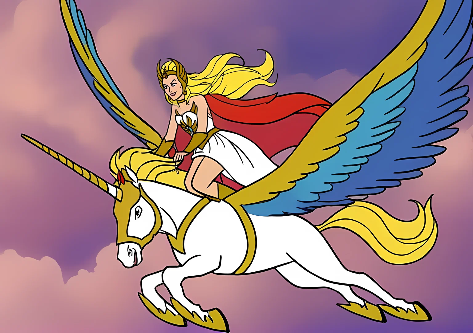 sh3ra, blonde hair, gold tiara, red cape, white dress, golden armour, boots, warrior princess, break, riding a large majestic realistic unicorn with wings, flying, full body, looking at the camera, light smile, <lora:She-Ra_Princess_of_Power_1987_-_Pony:0.8>