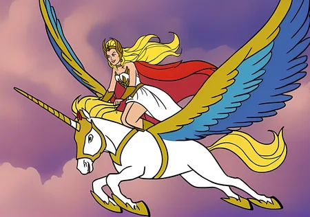 sh3ra, blonde hair, gold tiara, red cape, white dress, golden armour, boots, warrior princess, break, riding a large majestic realistic unicorn with wings, flying, full body, looking at the camera, light smile, <lora:She-Ra_Princess_of_Power_1987_-_Pony:0.8>