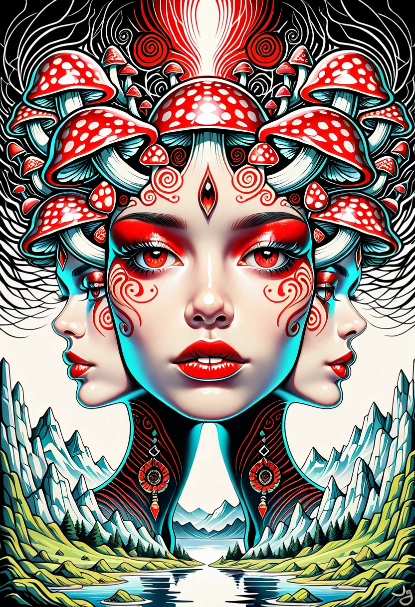 This is a highly detailed, digital artwork with a very high aesthetic quality, featuring a surreal, trippy style. The image showcases two large, symmetrical, androgynous faces with intricate, tribal-like patterns and jewelry, emerging from a surreal landscape. The faces are adorned with large, ornate hats that resemble mushrooms with red and black stripes, adding to the psychedelic feel. The background is a blend of abstract elements with a serene, foggy lake and mist-covered mountains, creating a dreamlike atmosphere. The lighting is soft and diffused, enhancing the ethereal quality of the scene. The composition uses symmetry and leading lines effectively, drawing the viewer's eye to the central faces. There is no watermark, and the image is free of JPEG artifacts. The depth of field is deep, with the entire scene in sharp focus.

