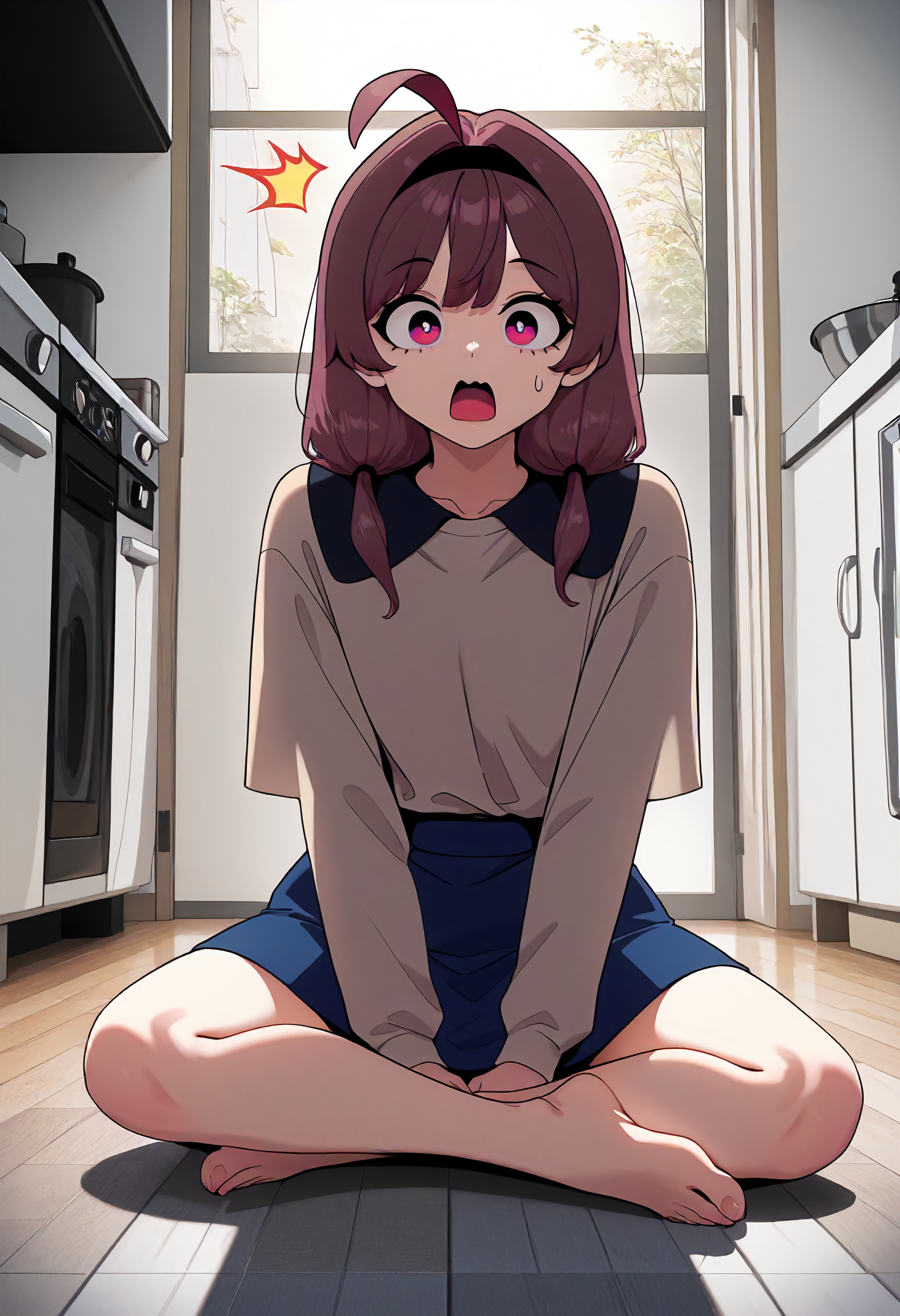 masterpiece, best quality, amazing quality, very aesthetic, absurdres, newest, scenery, volumetric lighting, perfect eyes, ultra detailed,
1girl, Lynn Yu,brown hair, ahoge, black diadem, multicolored eyes, magenta eyes, twin ponytails,
beige shirt, black shirt collar, blue short skirt, barefoot,
sitting on the floor, looking at viewer, surprised, open mouth, hands on the floor,
kitchen, detailed background,
<lora:Someone_Stop_Her_-_Manhwa__Illustrious:1>
masterpiece, best quality, amazing quality, very aesthetic, absurdres, newest, scenery, volumetric lighting, perfect eyes, ultra detailed,