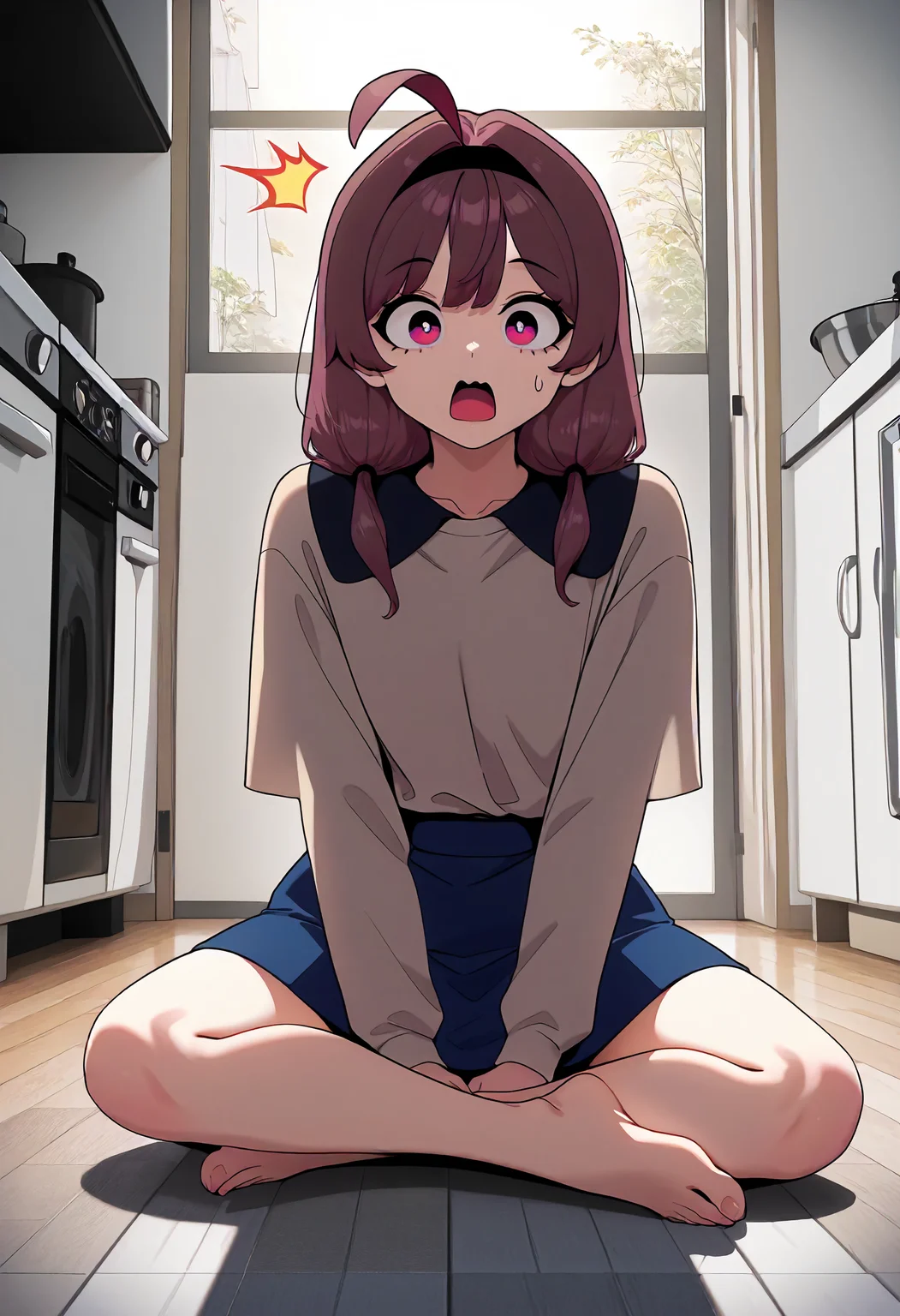 masterpiece, best quality, amazing quality, very aesthetic, absurdres, newest, scenery, volumetric lighting, perfect eyes, ultra detailed,
1girl, Lynn Yu,brown hair, ahoge, black diadem, multicolored eyes, magenta eyes, twin ponytails,
beige shirt, black shirt collar, blue short skirt, barefoot,
sitting on the floor, looking at viewer, surprised, open mouth, hands on the floor,
kitchen, detailed background,
<lora:Someone_Stop_Her_-_Manhwa__Illustrious:1>
masterpiece, best quality, amazing quality, very aesthetic, absurdres, newest, scenery, volumetric lighting, perfect eyes, ultra detailed,