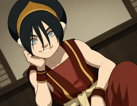 score_9, score_8_up, score_7_up, source_anime, <lora:toph-beifong-book2book3-ponyxl-lora-nochekaiser:1>, toph beifong, black hair, hairband, blind, grey eyes, hair between eyes, short hair,, shirt, sleeveless, red shirt, collarbone, bare shoulders, red pants, clothes around waist, gold hairband,, indoors, smile, looking at viewer, solo, sitting, head rest,, cowboy shot, dutch angle