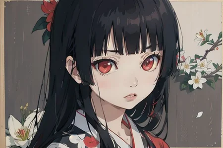 enma ai, hair down, hair black, bangs, eyes red, masterpiece, best quality, ultra-detailed, illustration, 1girl, solo, highres, photorealistic, ultra high res, (Original illustration composition), (fusion of limited color, Maximalism artstyle, kimono obi fashion, double exposure, background, illustration, Amazing, lily spider, night darkness, open one's mouth, flowers red, Movie poster, sitting