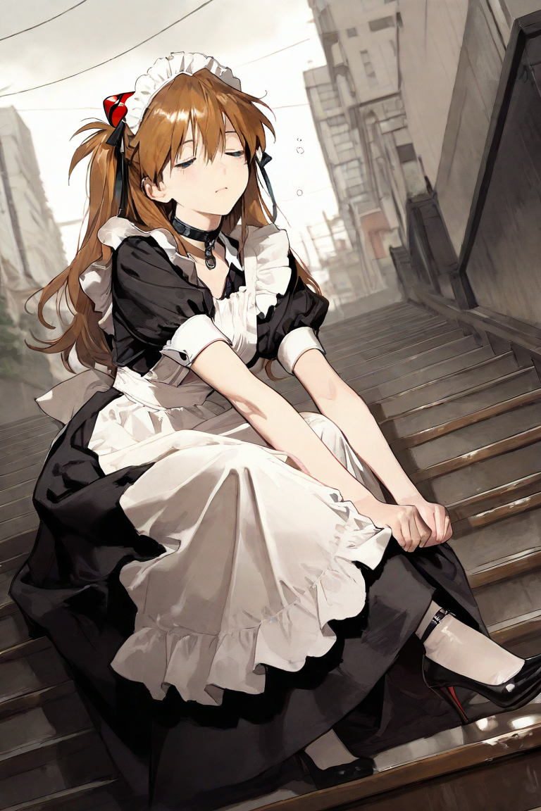 1girl, solo, mature female, asuka_langley_souryuu, maid apron, black choker, maid headdress, white apron, puffy short sleeves, hair ribbon, dynamic angle, upper body, sitting, holding high heels, tired face, dynamic pose, masterpiece, best quality, highres, absurdres, newest, aesthetic, very aesthetic, charcoal \(medium\), outdoors, cityscape, depth of field, blurry background, building, stairs, day, overcast, real world location, photo background
