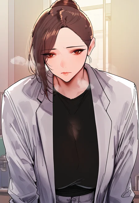 score_9, score_8_up, score_7_up, score_6_up, source_anime, rating_explicit, 1girl, (solo:1.2), huge breasts, <lora:Woo Yu-yeonponyxl:1> brown hair, single hair bun, brown eyes, mature female, red eyes, lab coat, long sleeves, black shirt, white pants, expressionless, Narrow shoulders, heavy breathing, steaming body, science room, indoors, looking at viewer, close-up