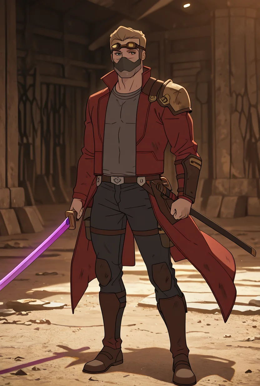 <lora:starlord-10:1> starlord, 1boy, dirty blonde hair, red jacket, gray shirt, short hair, open jacket, looking at viewer, goggles on head, head goggles, full body, ((long red coat,)), torn clothes, , black jeans, holding purple sword,  (( mask as shoulder guard, )), loose belt, black necklace, samurai aesthetic, shirt print,, masterpiece, best quality, amazing quality, very aesthetic, absurdres, newest,