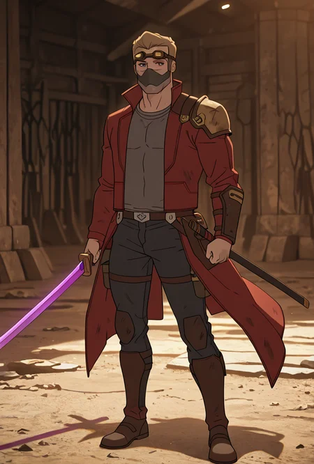 <lora:starlord-10:1> starlord, 1boy, dirty blonde hair, red jacket, gray shirt, short hair, open jacket, looking at viewer, goggles on head, head goggles, full body, ((long red coat,)), torn clothes, , black jeans, holding purple sword,  (( mask as shoulder guard, )), loose belt, black necklace, samurai aesthetic, shirt print,, masterpiece, best quality, amazing quality, very aesthetic, absurdres, newest,