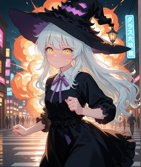 ((deep contrast, luminous lighting, cinematic ambiance, best quality, colorful, masterpiece, detailed_background, very aesthetic, absurdres, highres, newest)), BREAK <lora:Soulweaver_Lunelle-v1-000009:0.8> sk-swalter, 1girl, young, black witch, collared dress, running, explosion, neon city, upper body, wavy mouth, sweatdrop,